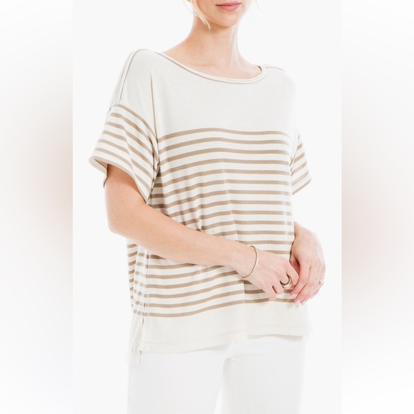 MAX STUDIO Beige and tan Striped Short Sleeve Top size L - Picture 1 of 15